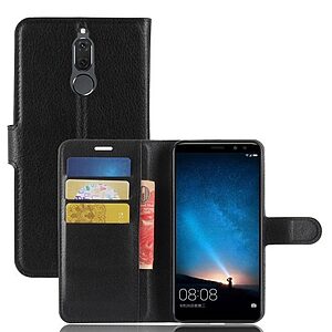 Θήκη HUAWEI Mate 10 Lite OEM Litchi Skin Leather με βάση στήριξης και υποδοχές καρτών Flip Wallet δερματίνη μαύρο