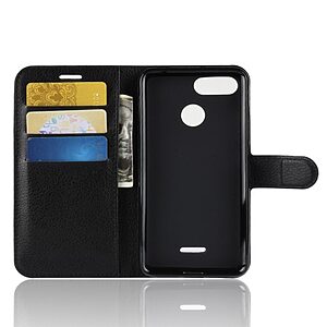 Θήκη XIAOMI Redmi 6 OEM Litchi Texture Leather με βάση στήριξης, υποδοχές καρτών και μαγνητικό κούμπωμα Flip Wallet δερματίνη μαύρο - Image 3