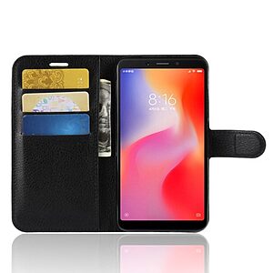 Θήκη XIAOMI Redmi 6 OEM Litchi Texture Leather με βάση στήριξης, υποδοχές καρτών και μαγνητικό κούμπωμα Flip Wallet δερματίνη μαύρο - Image 4