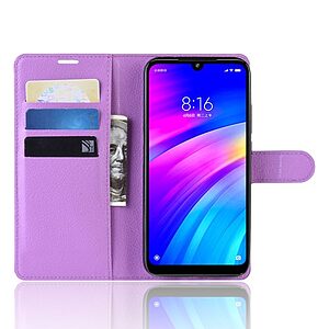 Θήκη Xiaomi Redmi 7 OEM Litchi Texture Leather με βάση στήριξης, υποδοχές καρτών και μαγνητικό κούμπωμα Flip Wallet δερματίνη μωβ - Image 4