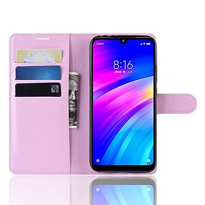 Θήκη Xiaomi Redmi 7 OEM Litchi Texture Leather με βάση στήριξης, υποδοχές καρτών και μαγνητικό κούμπωμα Flip Wallet δερματίνη ροζ - Image 4