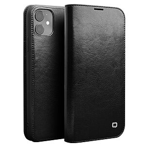 Θήκη iPhone 11 QIALINO Genuine Cowhide Leather Flip Wallet δερμάτινη μαύρο