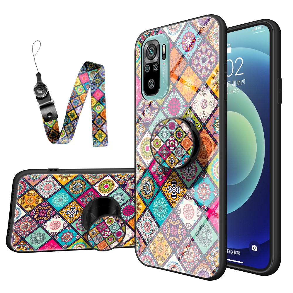 Θήκη Xiaomi Redmi Note 10 OEM Colorful Flower Print Glass Hybrid Phone Case Protector with Lanyar 2