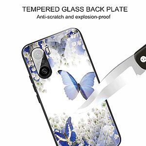 Θήκη Xiaomi Poco F3 / Mi 11i OEM σχέδιο Blue Butterfly με πλάτη από Tempered Glass και εσωτερικό TPU - Image 3