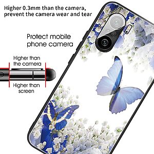 Θήκη Xiaomi Poco F3 / Mi 11i OEM σχέδιο Blue Butterfly με πλάτη από Tempered Glass και εσωτερικό TPU - Image 4