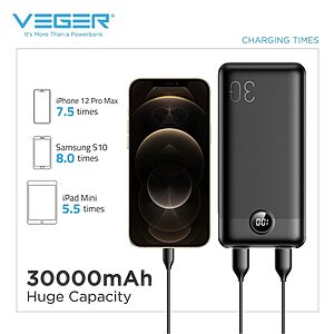 Power Bank VEGER VP3008PD PD20W έξοδος & PD18W είσοδος με 3 x USB Fast Charging και για iPhone 12/ 12 pro/ 12 Pro Max 30000mah μαύρο 3