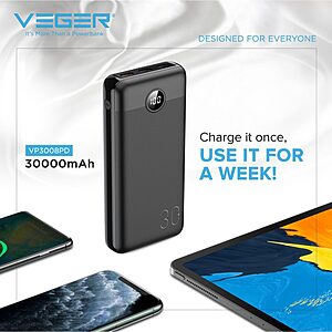 Power Bank VEGER VP3008PD PD20W έξοδος & PD18W είσοδος με 3 x USB Fast Charging και για iPhone 12/ 12 pro/ 12 Pro Max 30000mah μαύρο 4