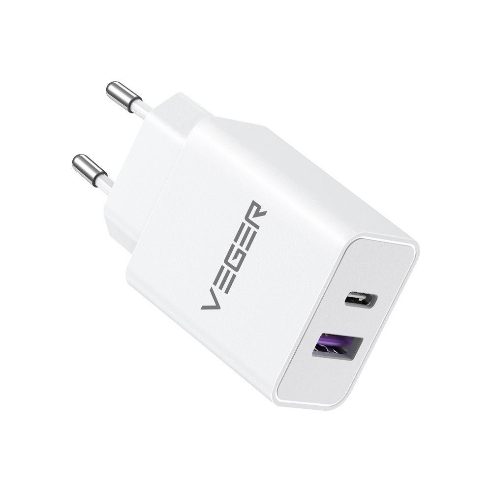 Φορτιστής Τοίχου VEGER Fast Charger VLS302U με 2xθύρες USB Type-C και USB PD 30W υποστηρίζει PD 3.0 QC 3.0 SuperCHARGE PPS λευκό Φορτιστής τοίχου 30W VEGER VLS302U USB-C PD και USB-A λευκός