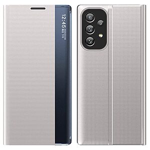 Θήκη Samsung Galaxy A73 5G OEM Half Mirror View Stand Cover με μαγνητικό κούμπωμα από συνθετικό δέρμα ασημί
