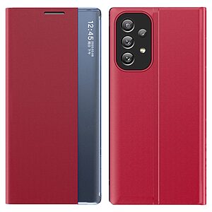Θήκη Samsung Galaxy A73 5G OEM Half Mirror View Stand Cover με μαγνητικό κούμπωμα από συνθετικό δέρμα κόκκινο