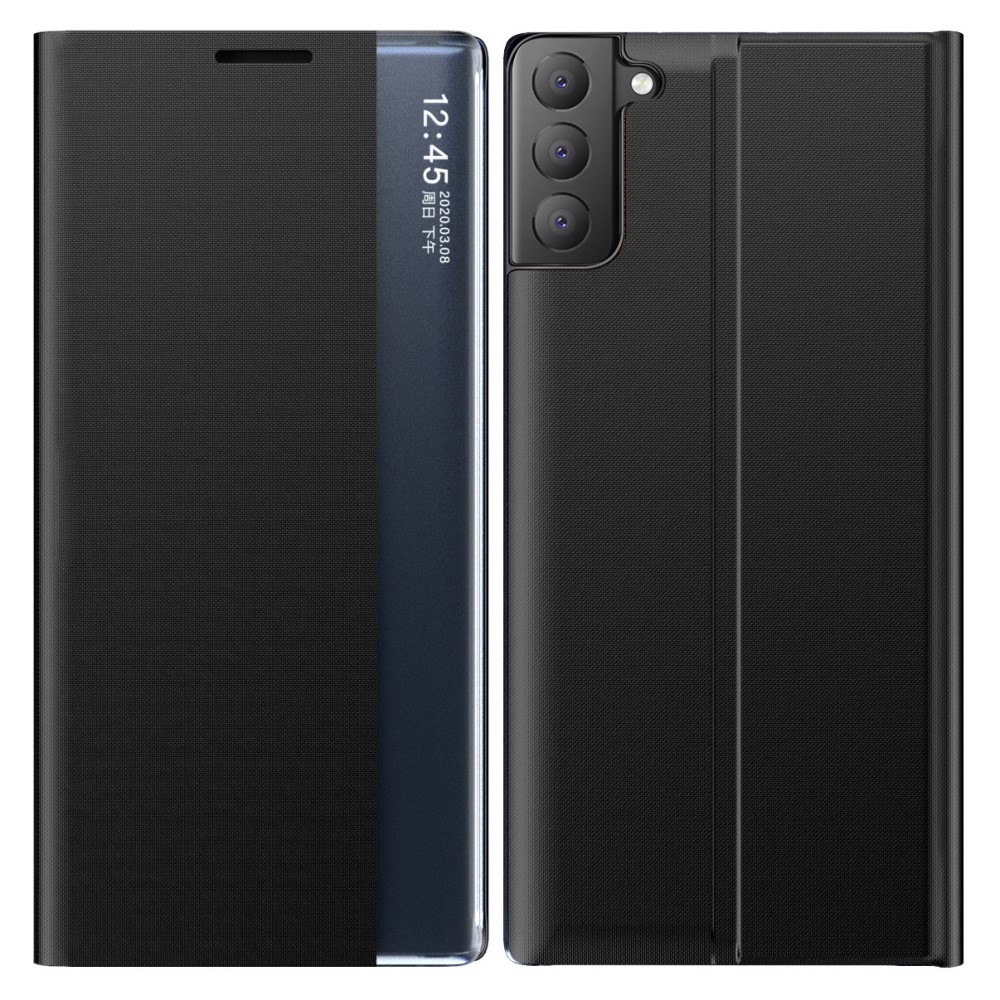 Θήκη Samsung Galaxy S21 FE OEM Half Mirror View Stand Cover με μαγνητικό κούμπωμα από συνθετικό δέρμα μαύρο