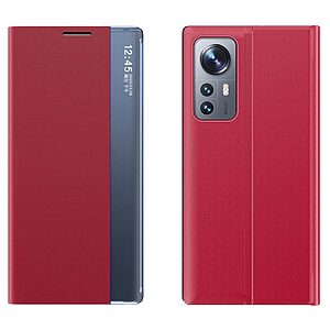 Θήκη Xiaomi 12 Pro 5G OEM Half Mirror View Stand Cover με μαγνητικό κούμπωμα από συνθετικό δέρμα κόκκινο
