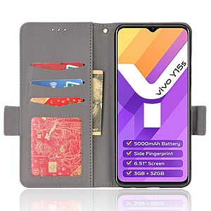 Θήκη Vivo Y01 OEM Skin Pro ultra thin με βάση στήριξης, υποδοχή καρτών και μαγνητικό κούμπωμα Flip Wallet από συνθετικό δέρμα και TPU γκρι - Image 4