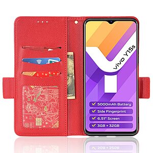 Θήκη Vivo Y01 OEM Skin Pro ultra thin με βάση στήριξης, υποδοχή καρτών και μαγνητικό κούμπωμα Flip Wallet από συνθετικό δέρμα και TPU κόκκινο - Image 4