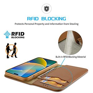 Θήκη iPhone 14 Pro Dux Ducis Hivo Series με RFID Blocking, βάση στήριξης, υποδοχές καρτών με μαγνητικό κλείσιμο Flip Wallet από αυθεντικό δέρμα και TPU καφέ - Image 4