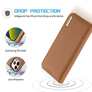 Θήκη iPhone 14 Pro Dux Ducis Hivo Series με RFID Blocking, βάση στήριξης, υποδοχές καρτών με μαγνητικό κλείσιμο Flip Wallet από αυθεντικό δέρμα και TPU καφέ - Image 5