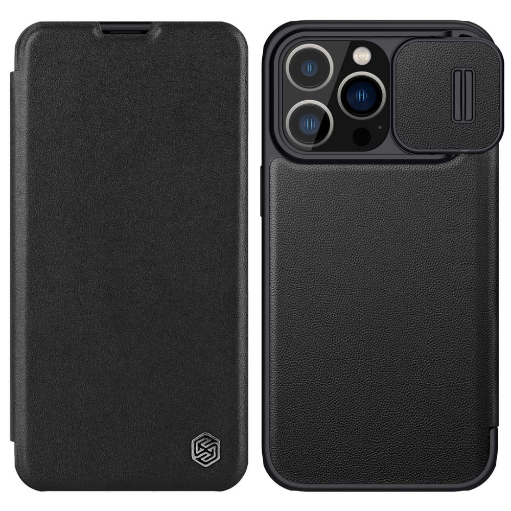 Θήκη iPhone 14 Pro NiLLkin Qin Series με προστασία κάμερας Flip Wallet από σκληρό πλαστικό και συνθετικό δέρμα μαύρο