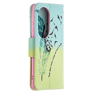 Θήκη Huawei P50 Pro OEM Feather & Birds με βάση στήριξης, υποδοχές καρτών και μαγνητικό κούμπωμα Flip Wallet από συνθετικό δέρμα και TPU - Image 3