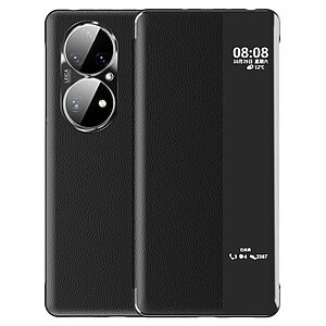 Θήκη Huawei P50 Pro OEM Half Mirror View Stand Cover v5 με μαγνητικό κούμπωμα από συνθετικό δέρμα μαύρο
