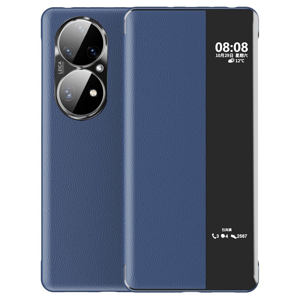 Θήκη Huawei P50 Pro OEM Half Mirror View Stand Cover v5 με μαγνητικό κούμπωμα από συνθετικό δέρμα μπλε σκούρο