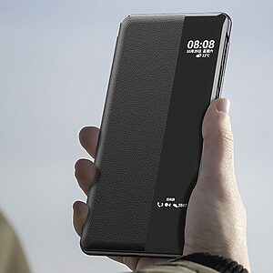 Θήκη Huawei P50 Pro OEM Half Mirror View Stand Cover v5 με μαγνητικό κούμπωμα από συνθετικό δέρμα μωβ - Image 3