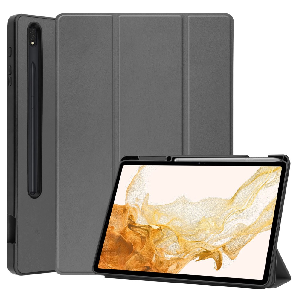 Θήκη Tri-Fold Flip Cover για Galaxy Tab S7 Plus / S8 Plus / S7 FE 12.4" με ειδική θέση για πενάκι και διπλή ενισχυμένη πλάτη σε χρώμα γκρι