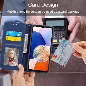 Θήκη Samsung Galaxy A14 4G / 5G DIERFENG DF 03 Foldable Series με βάση στήριξης, υποδοχή καρτών και μαγνητικό κούμπωμα Flip Wallet από συνθετικό δέρμα και εσωτερικό TPU μπλε - Image 3