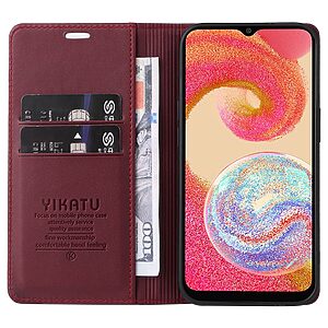 υποδοχή καρτών και μαγνητικό κούμπωμα Flip Wallet από συνθετικό δέρμα και TPU κόκκινο σκούρο