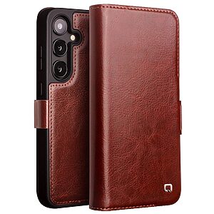 Θήκη Samsung Galaxy S24 5G QIALINO book v3 με μαγνητικό κούμπωμα από Premium αυθεντικό δέρμα Genuine Cowhide καφέ