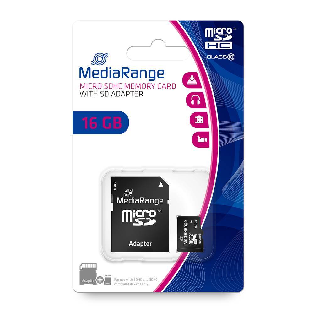 0019854_0 MediaRange Micro SDHC Class 10 With SD Adaptor 16 GB (High Capacity) (MR958) - Image 1