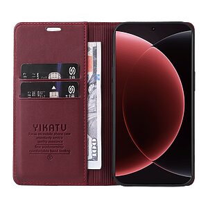 υποδοχή καρτών και μαγνητικό κούμπωμα Flip Wallet από συνθετικό δέρμα και TPU κόκκινο σκούρο