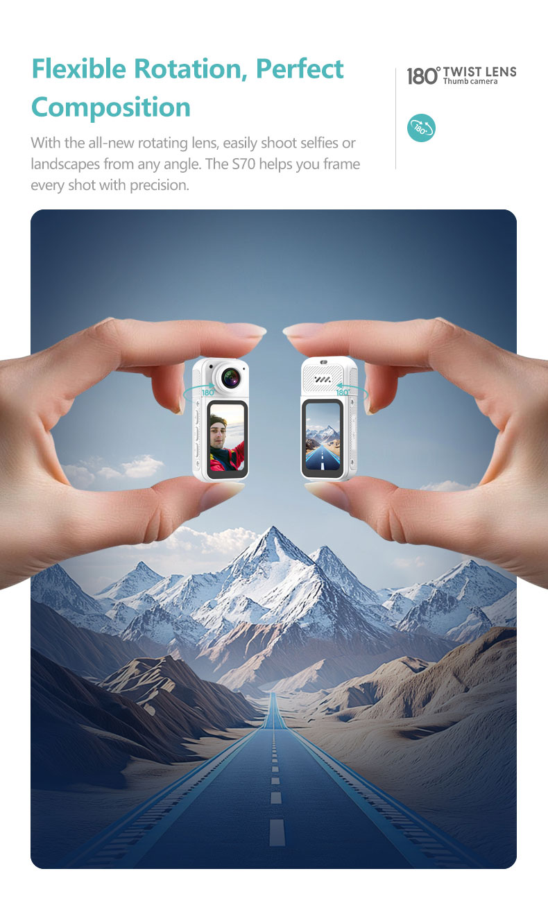 Μαύρη κάμερα S70 με ευέλικτο περιστρεφόμενο φακό 180 μοιρών για τέλεια σύνθεση