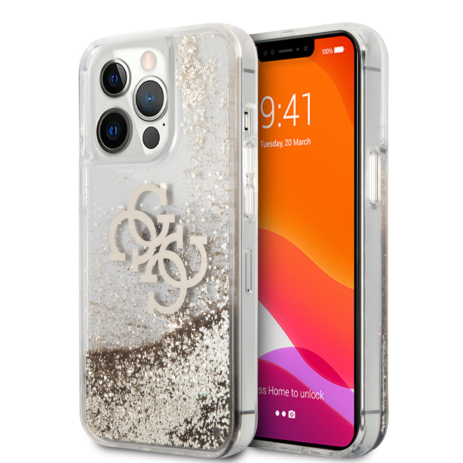 GUHCP13LLG4GGO_1 Guess "4G Logo Collection" Θήκη προστασίας – iPhone 13 Pro (Clear/Glitter Gold) - Image 1
