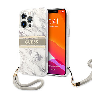 Guess "Marble Collection" Printed Stripe Θήκη προστασίας με όψη μαρμάρου και κορδονάκι χειρός – iPhone 13 Pro Max (Γκρι/Λευκό)