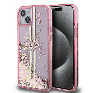 Guess “Liquid Glitter Gold Stripes" Ημιδιάφανη Θήκη προστασίας από σιλικόνη – iPhone 15 Plus (Ροζ – GUHCP15MLFCSEGP)