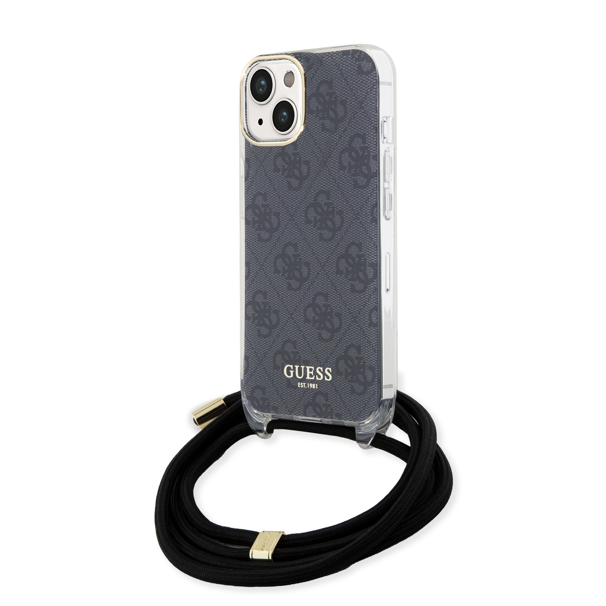 GUHCP15SHC4SEK_1 Guess "4G Logo Collection" Crossbody Hard Case Script Metal Logo Θήκη προστασίας από σιλικόνη με λουράκι – iPhone 15 (Μαύρο – GUHCP15SHC4SEK) - Image 1