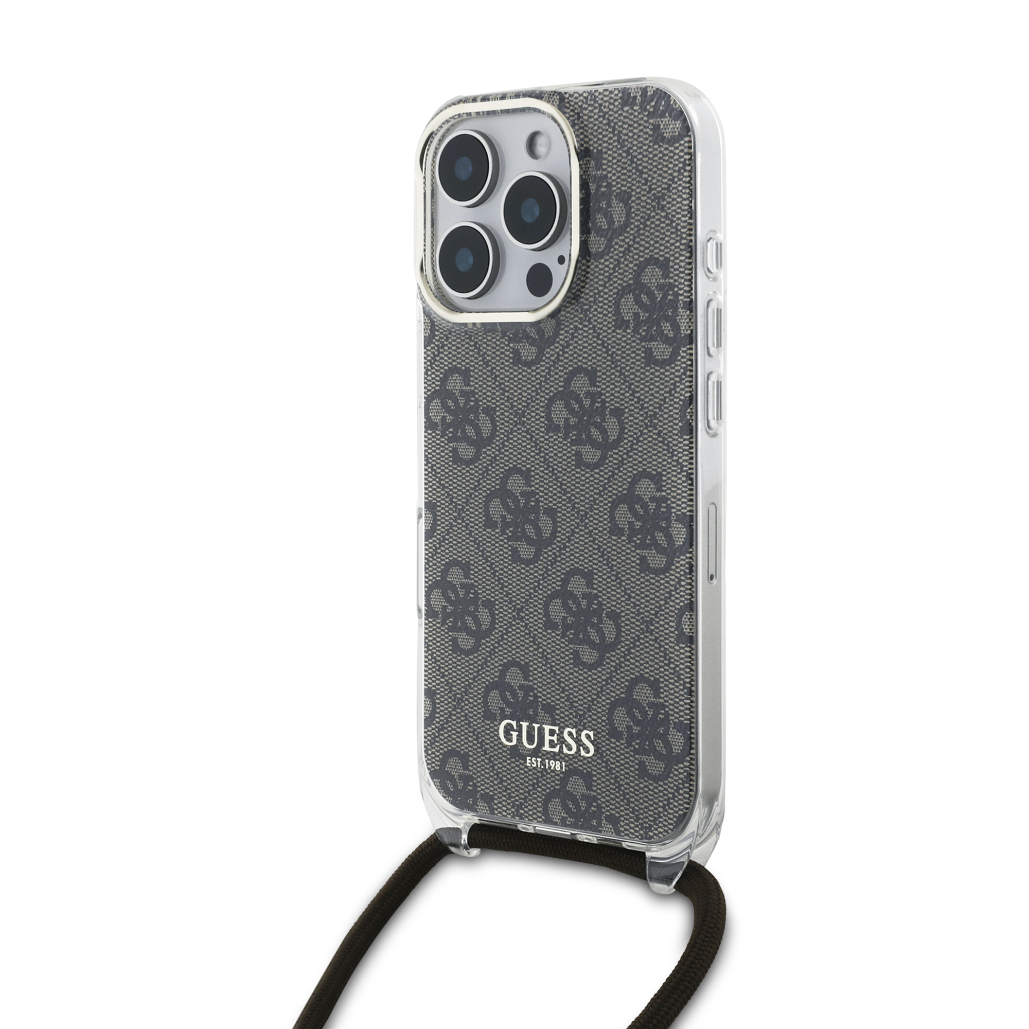 GUHCP16LHC4SEW_1 Guess “4G Logo Collection” Crossbody Hard Case Script Metal Logo Θήκη προστασίας από σιλικόνη με λουράκι – iPhone 16 Pro (Καφέ – GUHCP16LHC4SEW) - Image 1