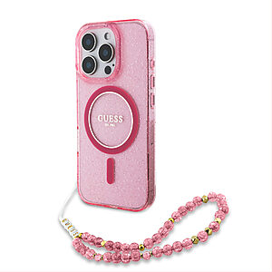 Guess Magsafe “Glitter with Pearl Strap” Hard Case Θήκη προστασίας από σκληρό πλαστικό – iPhone 16 Pro (Ροζ – GUHMP16LHGCRELSF)