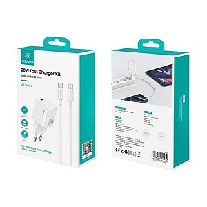 USAMS Fast Charger Kit 1 x φορτιστής JO Series Power Delivery (PD) 20W Fast Charger με 1 x Type-C και καλώδιο 1m 60W USB-C σε USB-C (JOXLTZ04) - λευκός