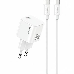 USAMS Fast Charger Kit 1 x φορτιστής JO Series Power Delivery (PD) 20W Fast Charger με 1 x Type-C και καλώδιο 1m 60W USB-C σε USB-C (JOXLTZ04) - λευκός