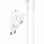 USAMS Fast Charger Kit 1 x φορτιστής JO03 Series mini Gan 20W Fast Charger με 1 x Type-C και καλώδιο 1m 60W USB-C σε lightning (JOXLTZ03) - λευκός