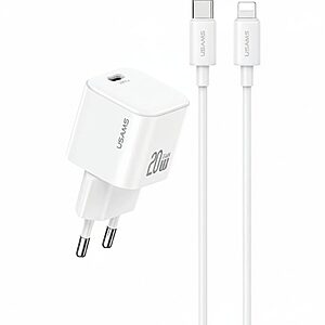 USAMS Fast Charger Kit 1 x φορτιστής JO03 Series mini Gan 20W Fast Charger με 1 x Type-C και καλώδιο 1m 60W USB-C σε lightning (JOXLTZ03) - λευκός