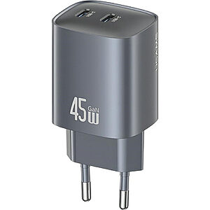 USAMS  T66 επιτοίχιος φορτιστής GaN Fast Charger 45W με 2 x Type-C (CC305TC01) -  γκρι