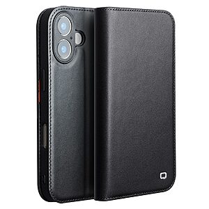 Θήκη iPhone 17 - QIALINO - Flip Πορτοφόλι από Αυθεντικό Δέρμα - Μαύρο - Wallet/Stand