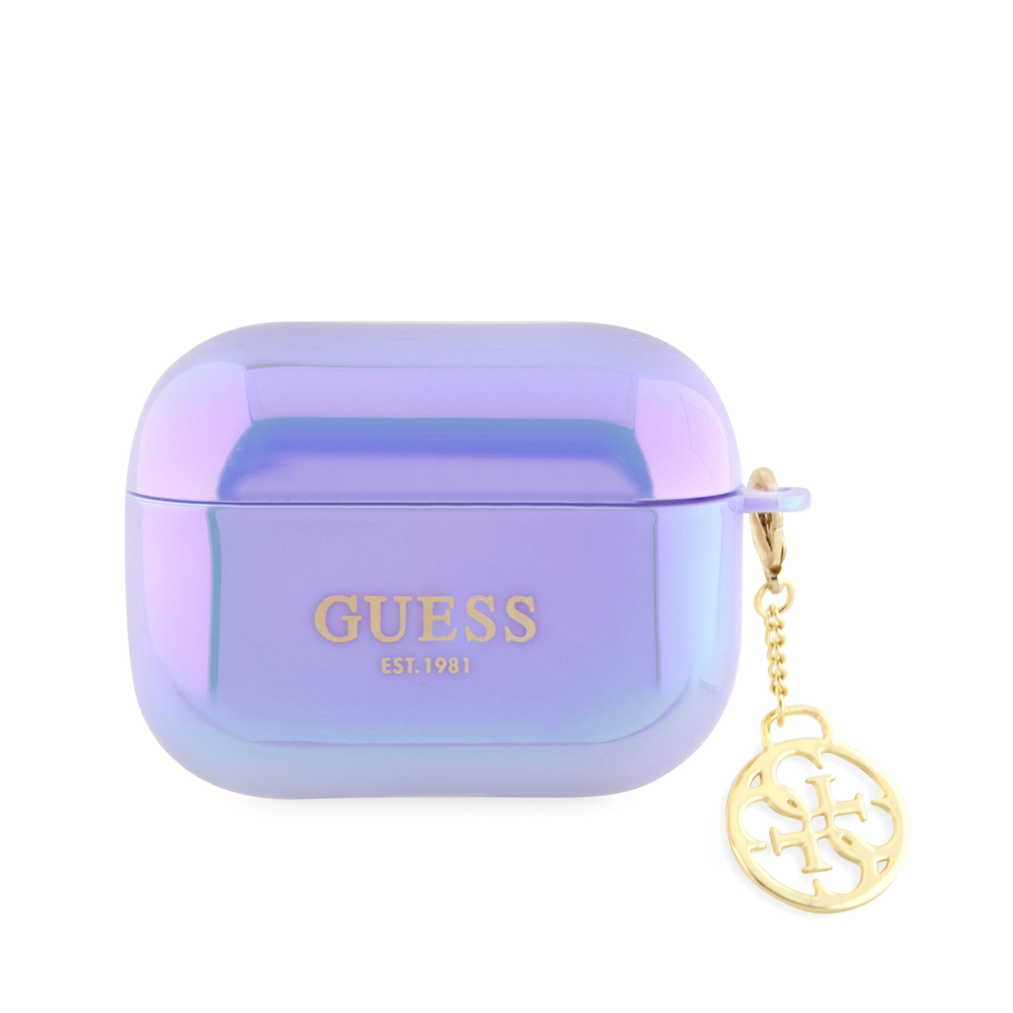 GUAPHPLIGEU_1-scaled-1 Guess "4G Logo Collection" Charm Θήκη προστασίας απο Σιλικόνη για Apple Airpods Pro με χρυσό κρεμαστό στολίδι (Iridescent Purple) - Image 1