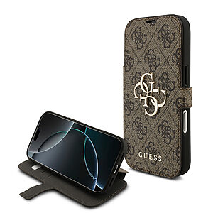 Κομψή θήκη βιβλίο με το iconic 4G pattern της Guess σε καφέ απόχρωση και χρυσό μεταλλικό λογότυπο - Πολυτελής προστασία με stand για hands-free χρήση