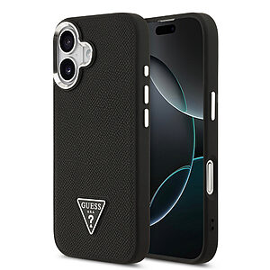 Κομψή θήκη με ανάγλυφη επιφάνεια δερματίνης και εμβληματικό metal triangle logo της Guess - Συνδυάζει προστασία με premium αισθητική για το iPhone 17 σου