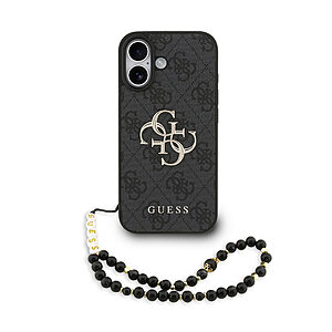 Κομψή θήκη Guess με χαρακτηριστικό 4G monogram pattern σε μαύρη απόχρωση, εντυπωσιακό χρυσό μεταλλικό λογότυπο και πρακτικό strap χειρός με χάντρες - Συνδυάζει premium αισθητική με αξιόπιστη προστασία για το iPhone 17