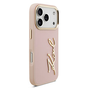 Θήκη Karl Lagerfeld Magsafe με χρυσή μεταλλική ανάγλυφη υπογραφή Karl και χρυσά πλαινά κουμπιά για iPhone 17 Pro ροζ - Εικόνα 2